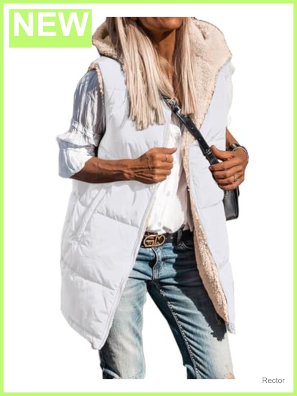 Long Puffer Vest Sherpa Fleece Lined Reversible Hooded Zip Up Winter Coat
